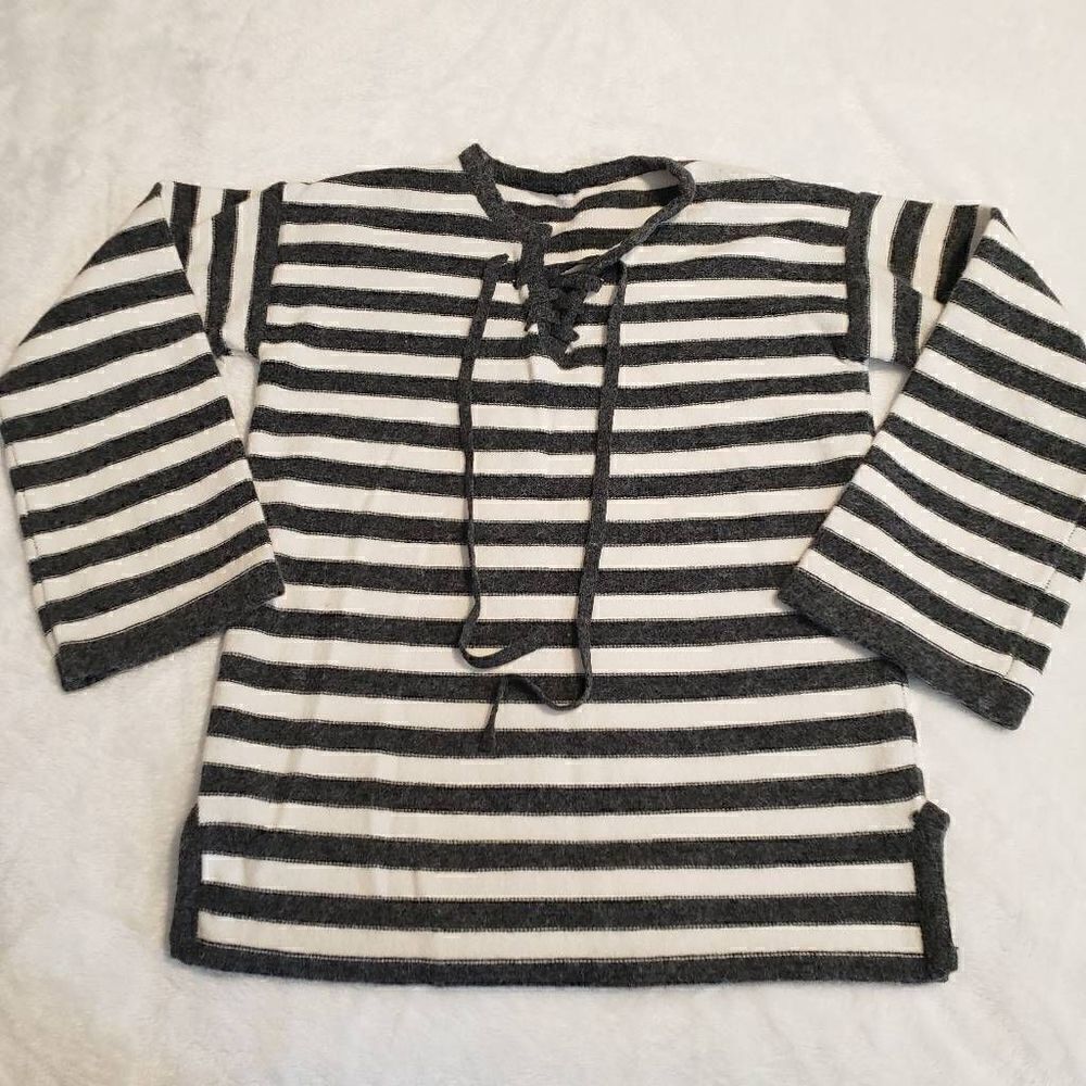 Women's White and Gray Striped Lace Up Sweater
